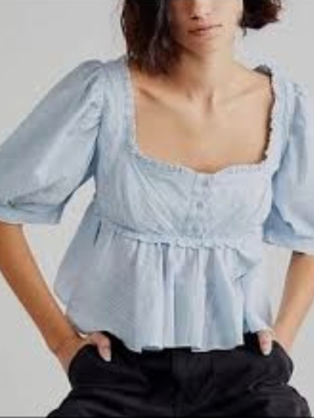 Free People Powder Blue Puff Sleeve Square Neck Peplum Top